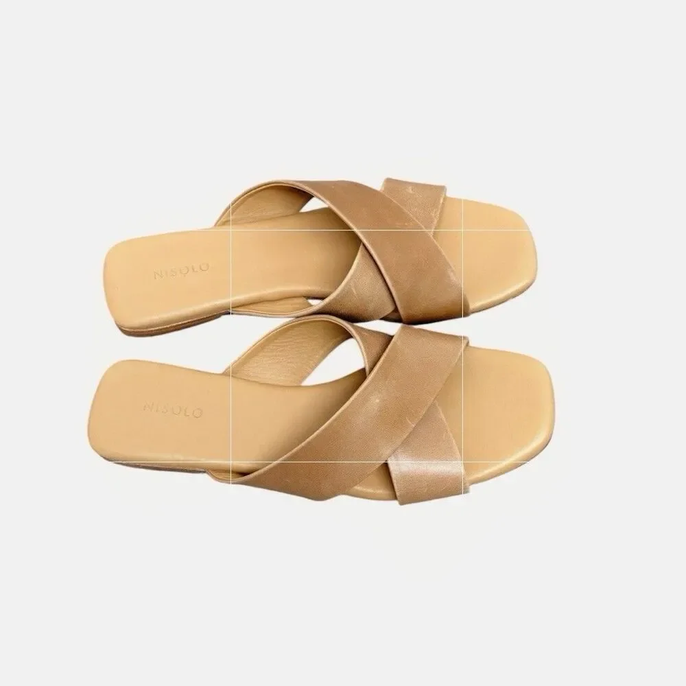Nisolo Cross-Strap Catalina Slide Sandals in Almond Tan Sz 9.5 Leather Sandals